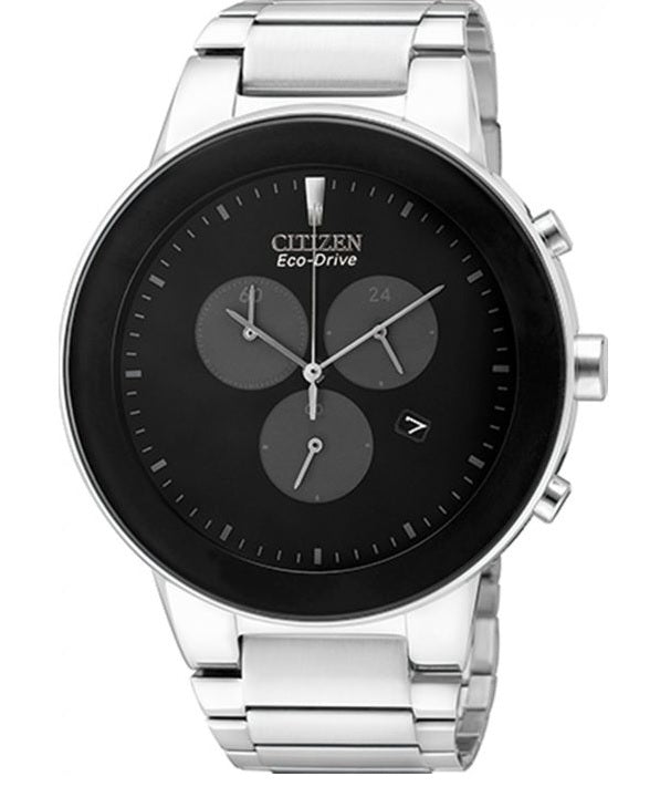 AT2240-51E Citizen Black Dial Silver Stainless Steel Chain Eco Drive Analog Men's Watch.