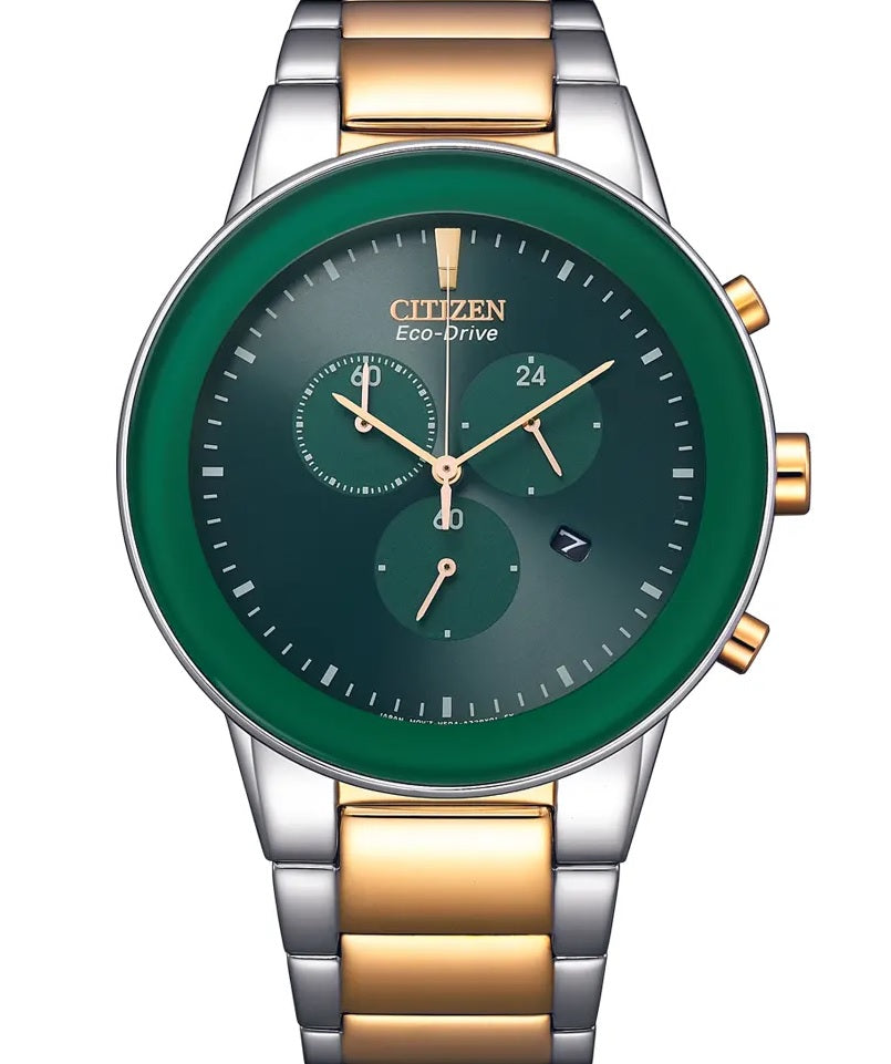 AT2244-84X Citizen Green Dial Silver Gold Chain Eco Drive Analog Chronograph Men's Watch.