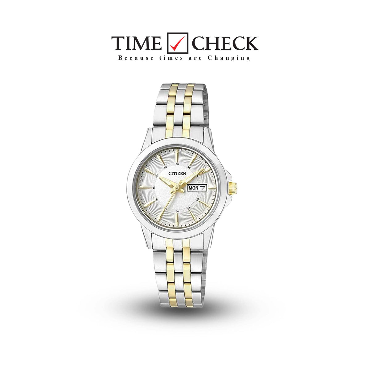 EQ0608-55A CITIZEN QUARTZ WHITE DIAL TWO-TONE WOMEN'S WATCH. fashionable