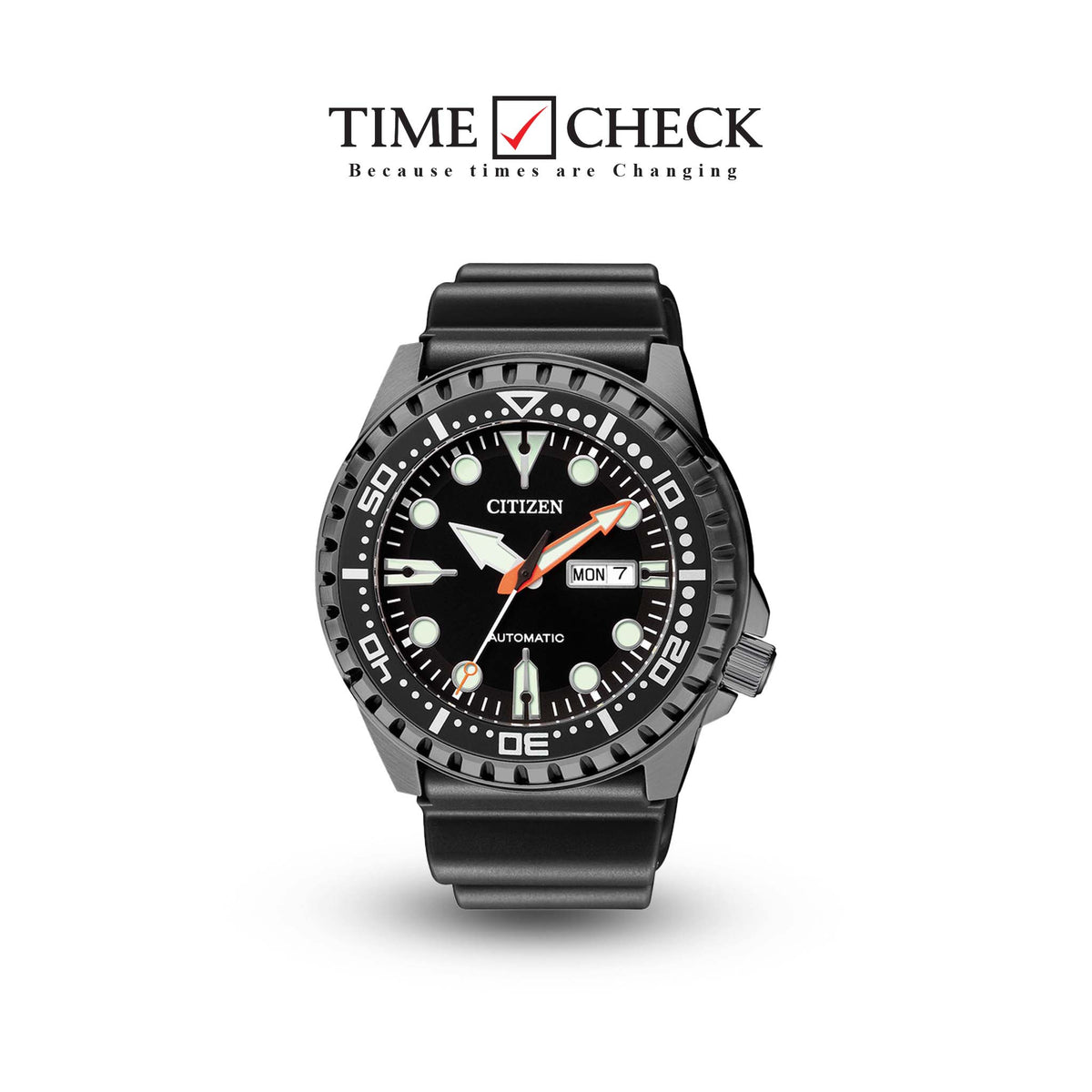 NH8385-11E Citizen Black Dial Black Case Black Resin Band Analog Autoatic Men's Watch. TIMECHECK