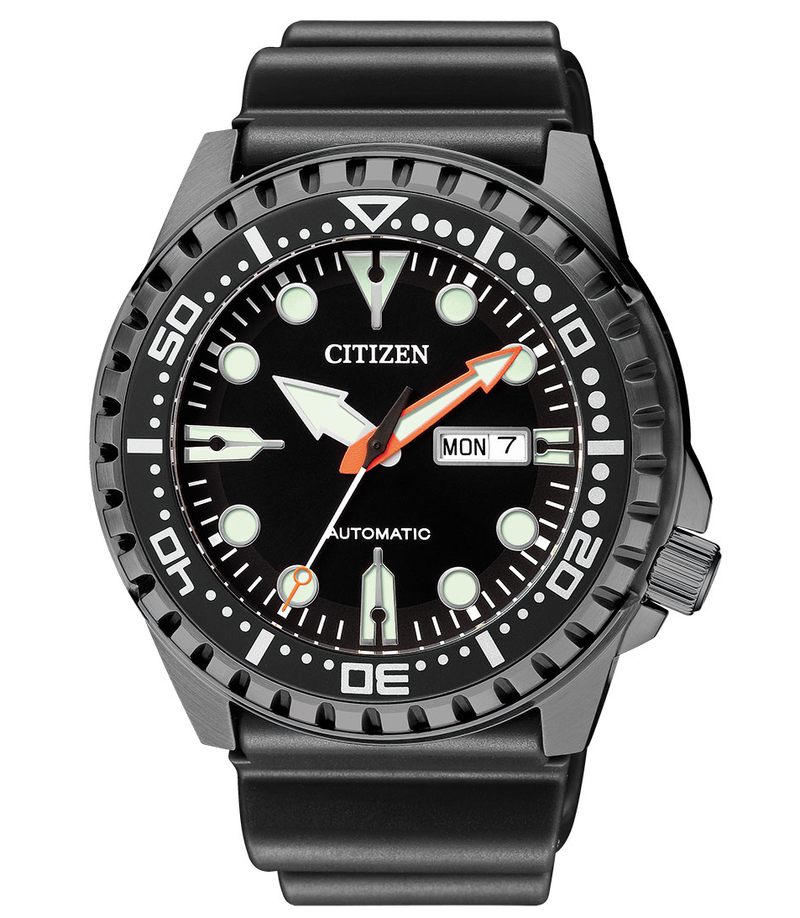 NH8385-11E Citizen Black Dial Black Case Black Resin Band Analog Autoatic Men's Watch. TIMECHECK