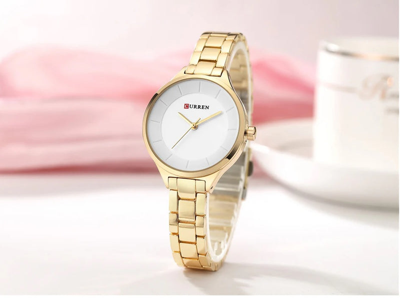 C-9015L Curren SILVER Dial Golden Stainless Chain Steel Analog Quartz Women's Watch. TIMECHECK