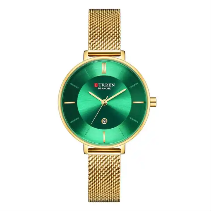 C9037L Curren Green Dial Golden Stainless Chain Steel Analog Quartz Women's Watch. TIMECHECK