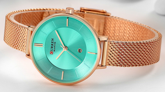 C9037L Curren Green Dial Rose-gold Stainless Chain Steel Analog Quartz Women's Watch. TIMECHECK