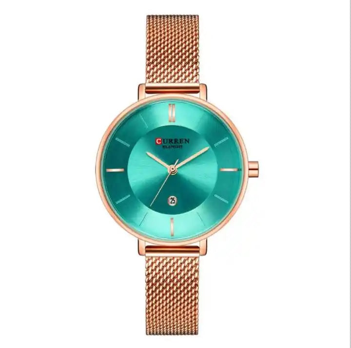 C9037L Curren Green Dial Rose-gold Stainless Chain Steel Analog Quartz Women's Watch. TIMECHECK