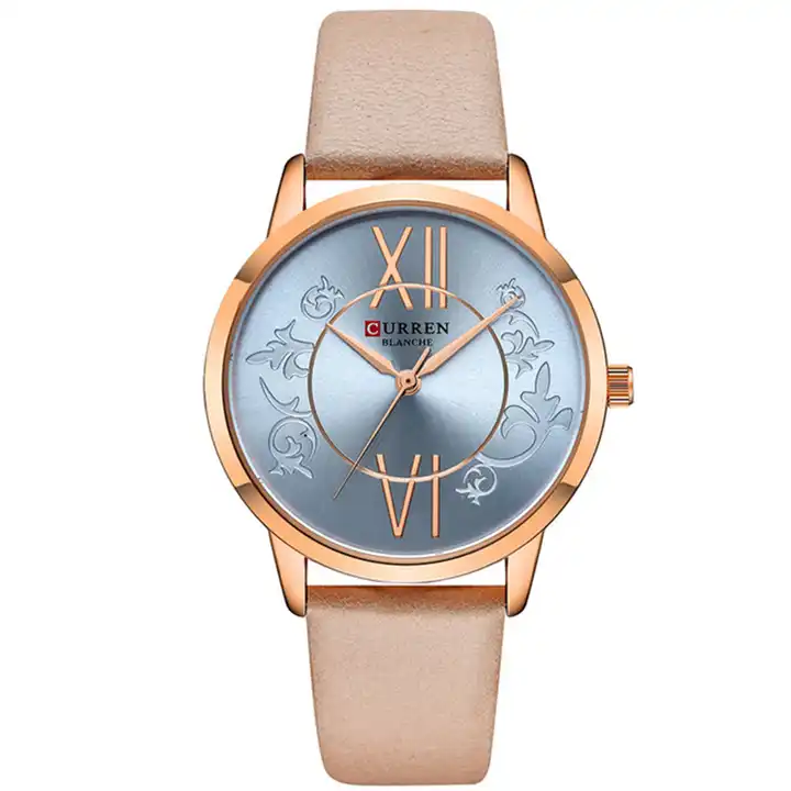 C9049L Curren Silver Dial Peach Leather Strap Analog Quartz Women's Watch. TIMECHECK