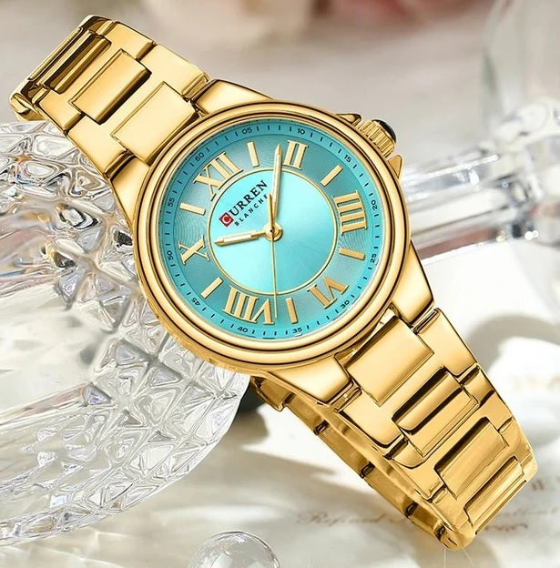 Quartz Women's C-9091L Curren SEA GREEN Dial Golden Stainless Steel AnalogWatch. TIMECHECK