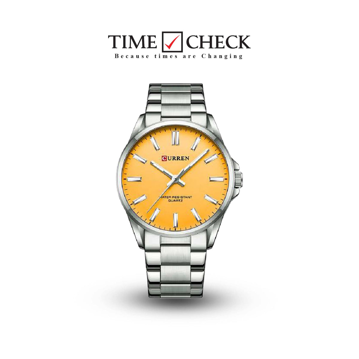 C-9090L Curren yellow Dial Silver Stainless Steel Analog Quartz Women's Watch. TIMECHECK