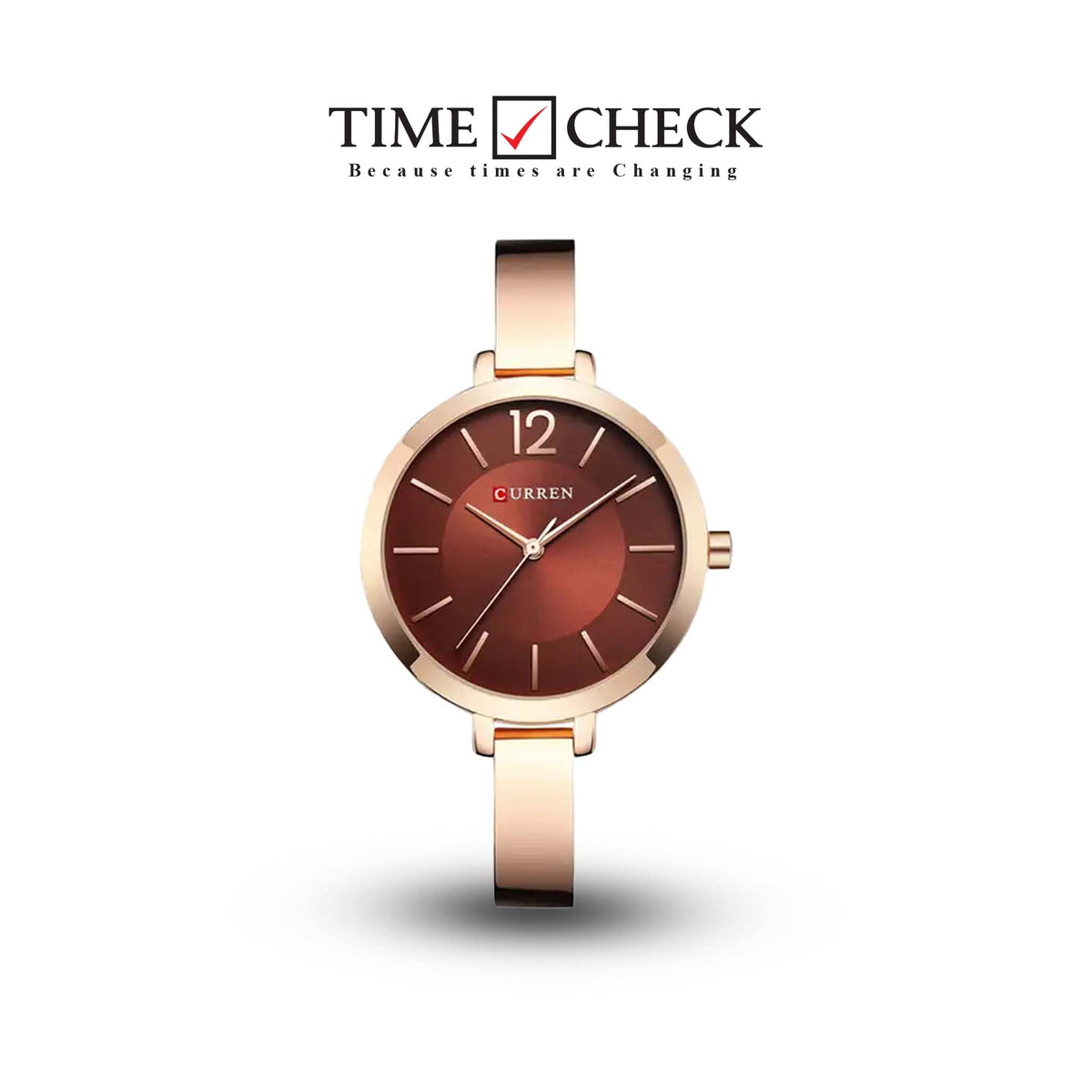 C9012L Curren Brown Dial Rose-gold Stainless Steel Chain Analog Quartz Women's Watch. TIMECHECK