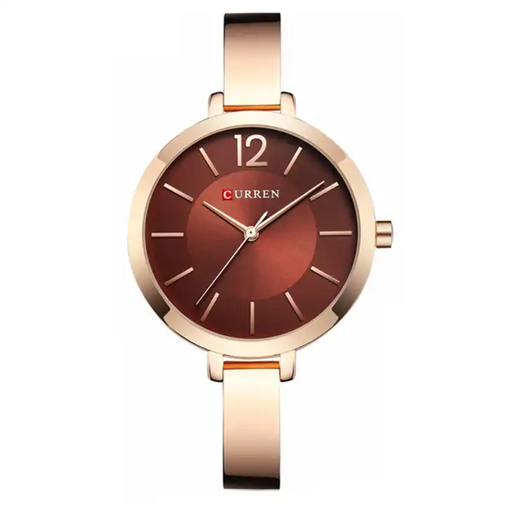 C9012L Curren Brown Dial Rose-gold Stainless Steel Chain Analog Quartz Women's Watch. TIMECHECK