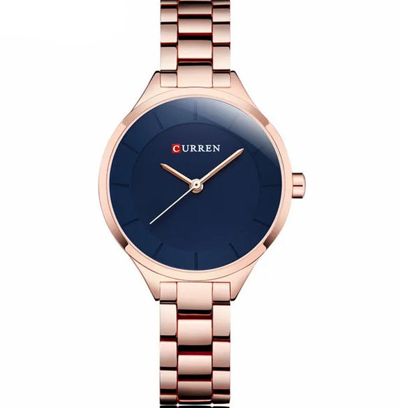 C-9015L Curren Blue Dial Rosegold Stainless Chain Steel Analog Quartz Women's Watch. TIMECHECK