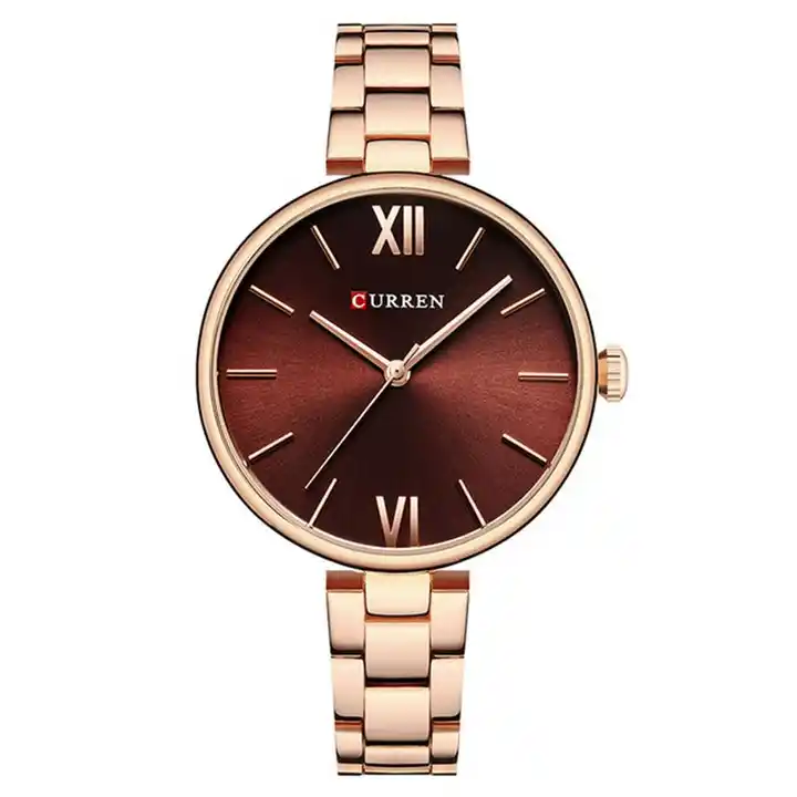 C9017L Curren Brown Dial Rose-gold Stainless Steel Chain Analog Quartz Women's Watch.