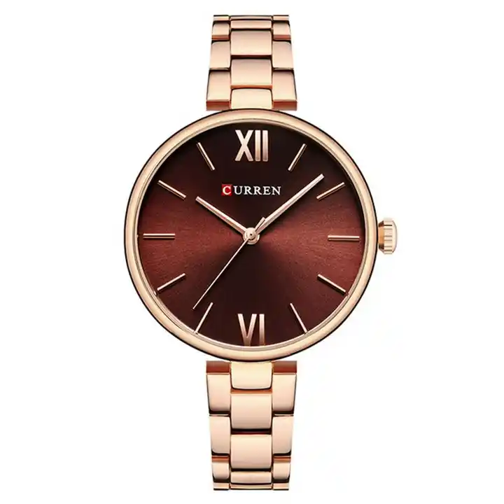 C9017L Curren Brown Dial Rose-gold Stainless Steel Chain Analog Quartz Women's Watch. TIMECHECK