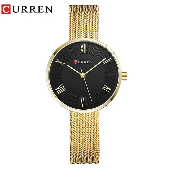 C9020L Curren Black Dial Golden Stainless Steel Band Analog Quartz Women's Watch. TIMECHECK