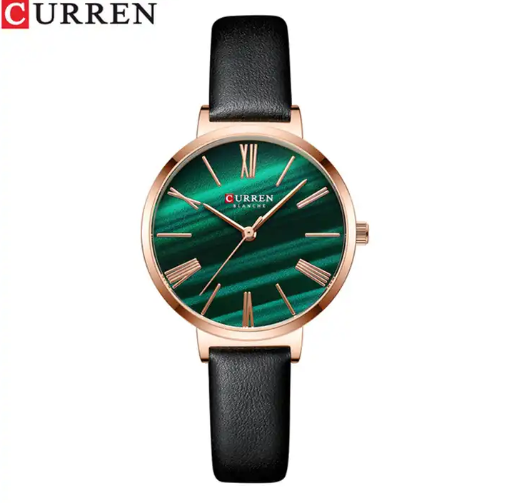 C9076L Curren Green Dial Black Leather Strap Analog Quartz Women's Watch. TIMECHECK