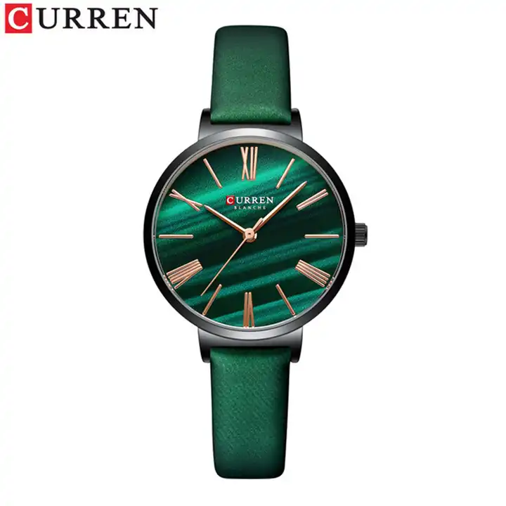 C9076L Curren Green Dial Green Leather Strap Analog Quartz Women's Watch.