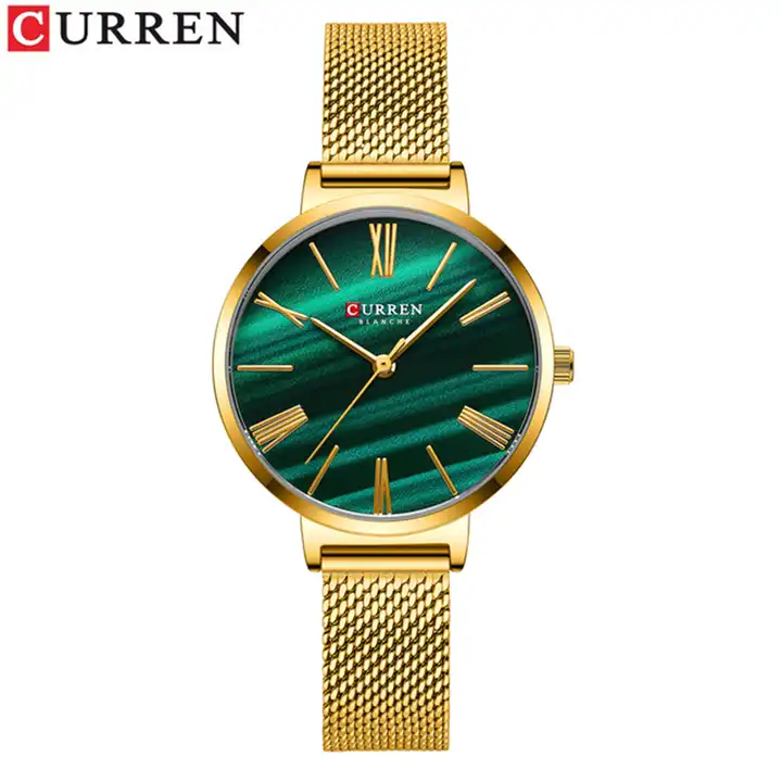 C9076L Curren Green Dial Golden Stainless Steel Band Analog Quartz Women's Watch.