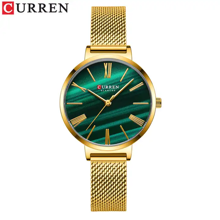 C9076L Curren Green Dial Golden Stainless Steel Band Analog Quartz Women's Watch. TIMECHECK