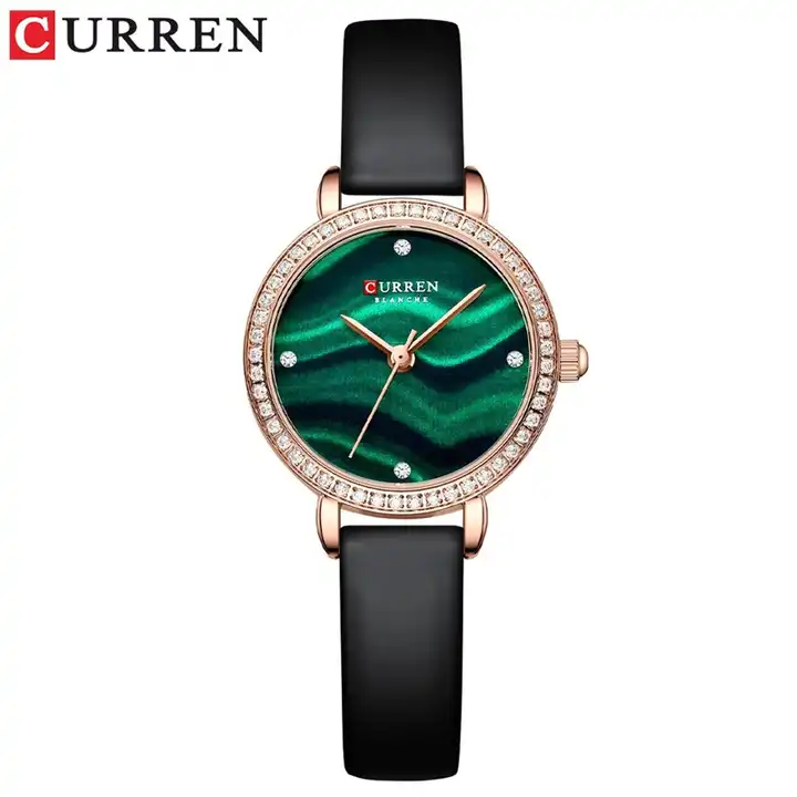 C9083L Curren Green Dial Black Leather Strap Analog Quartz Women's Watch.