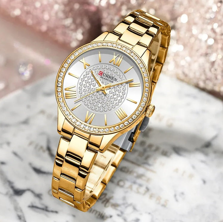 C-9084L Curren SILVER Dial Golden Stainless Chain Steel Analog Quartz Women's Watch. TIMECHECK