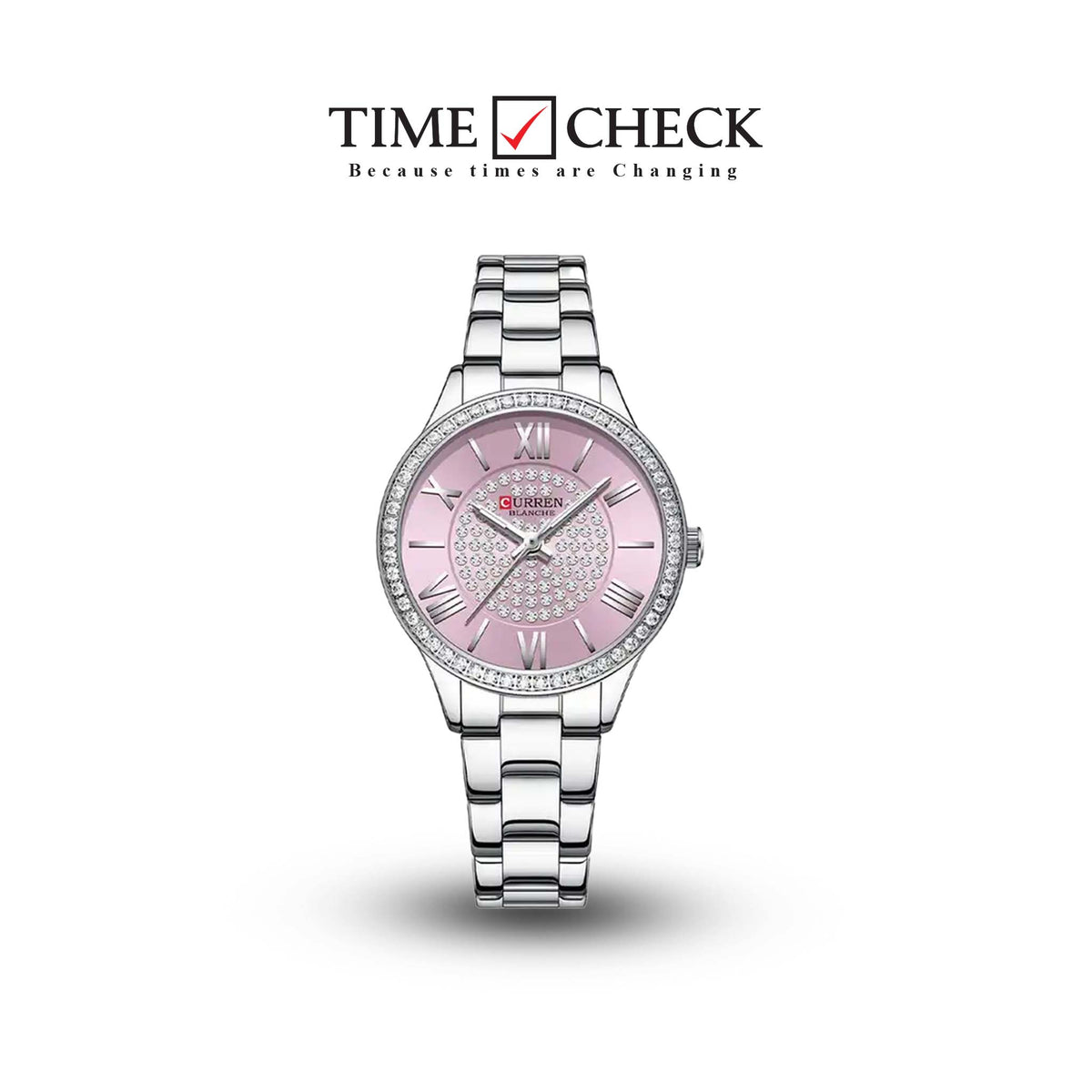 C-9084L Curren Pink Dial Silver Stainless Chain Steel Analog Quartz Women's Watch. TIMECHECK