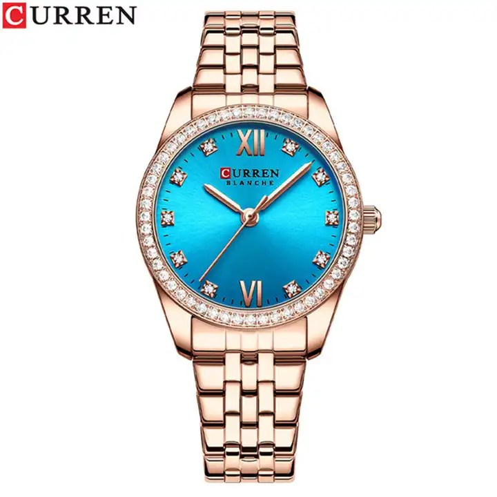 C9086L Curren Aqua Dial Rose-gold Stainless Steel Chain Analog Quartz Women's Watch. TIMECHECK