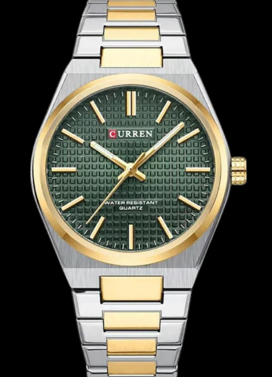 M:8439 Curren Green Dial Silver,Gold Steel Chain Analog Quartz Men's Watch. TIMECHECK