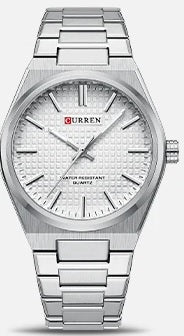 M:8439 Curren White Dial Silver Steel Chain Analog Quartz Men's Watch. TIMECHECK