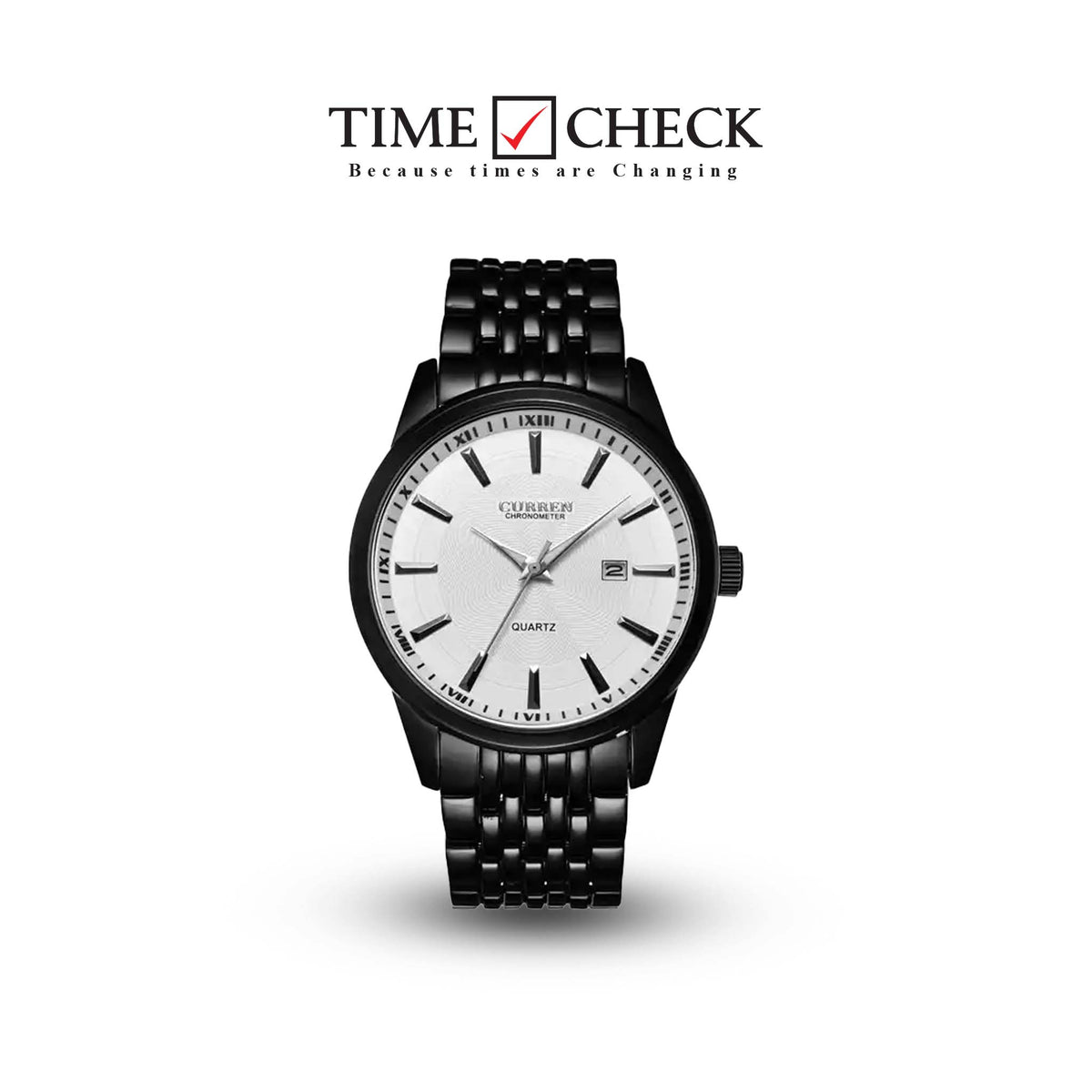 M:8052 Curren White Dial Black Stainless Steel Chain Analog Quartz Men's Watch. TIMECHECK