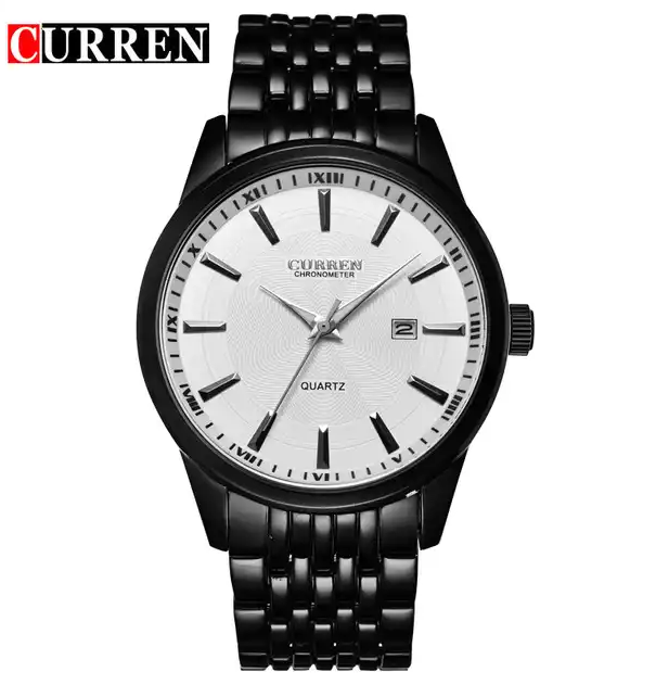 M:8052 Curren White Dial Black Stainless Steel Chain Analog Quartz Men's Watch. TIMECHECK