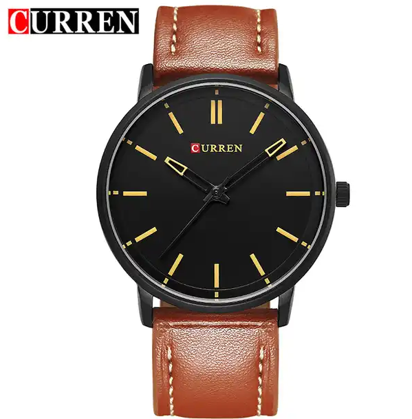 M:8233 Curren Black Dial Brown Leather Strap Classic Analog Quartz Men's Watch.