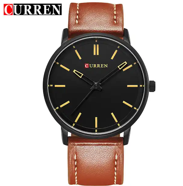 M:8233 Curren Black Dial Brown Leather Strap Classic Analog Quartz Men's Watch. TIMECHECK