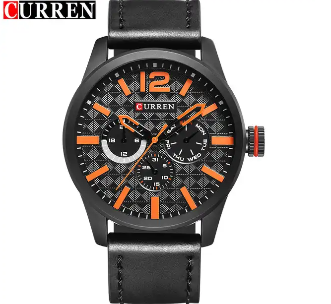 M:8247 Curren Black Dial & Case Black Leather Strap Analog Quartz Men's Watch.