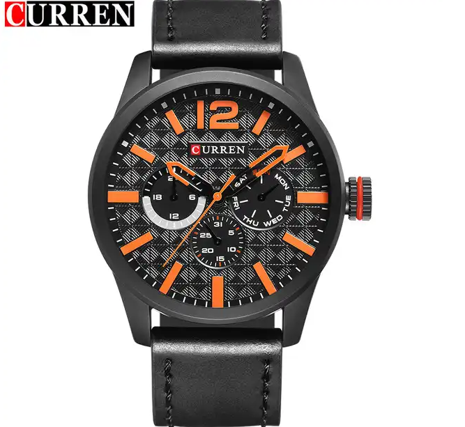 M:8247 Curren Black Dial & Case Black Leather Strap Analog Quartz Men's Watch. TIMECHECK