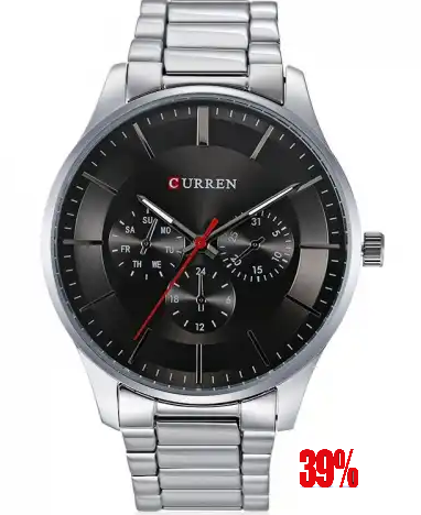 M_8282 Curren Black Dial Silver Stainless Steel Chain Analog Quartz Men's Watch.