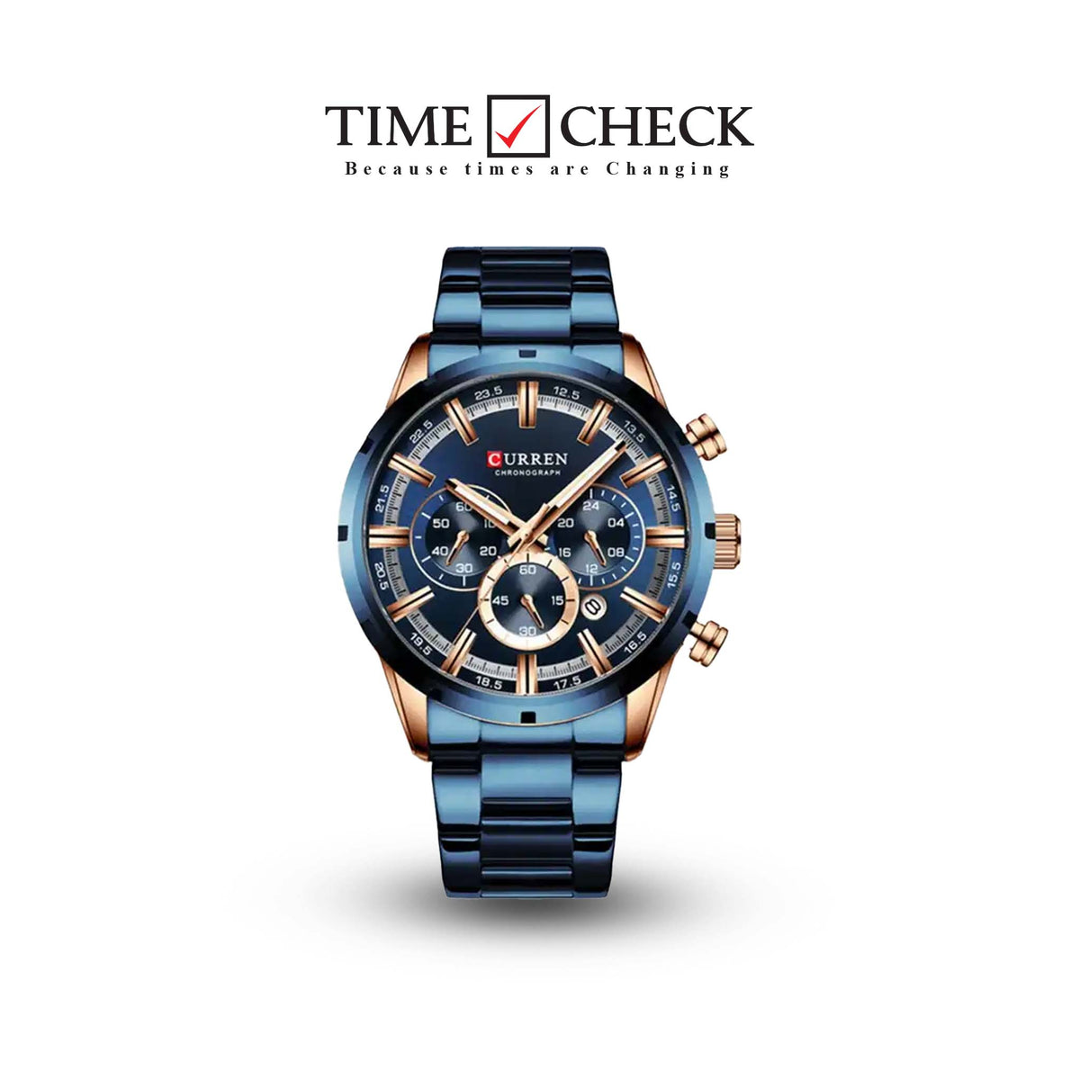 M:8355 Curren Blue Dial Blue Stainless Steel Chain Chronograph Quartz Men's Watch. TIMECHECK