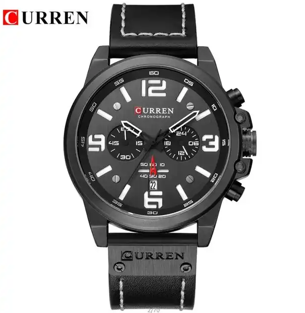 M:8314 Curren Gray Dial Black Leather Strap Chronograph Analog Quartz Men's Watch. TIMECHECK