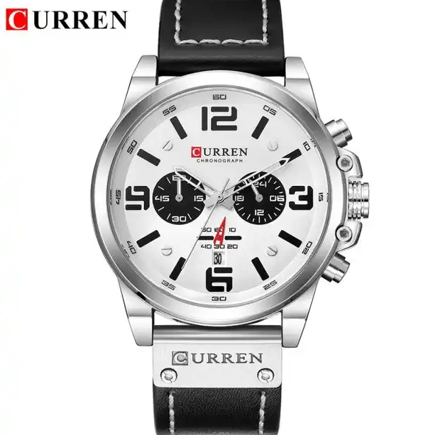 M:8314 Curren White Dial Black Leather Strap Chronograph Analog Quartz Men's Watch. TIMECHECK