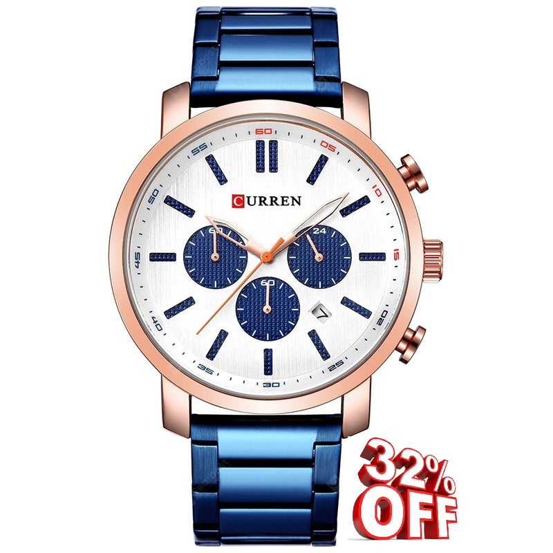 M:8315 Curren Silver Dial Blue Stainless Steel Chronograph Analog Quartz Men's Watch. TIMECHECK