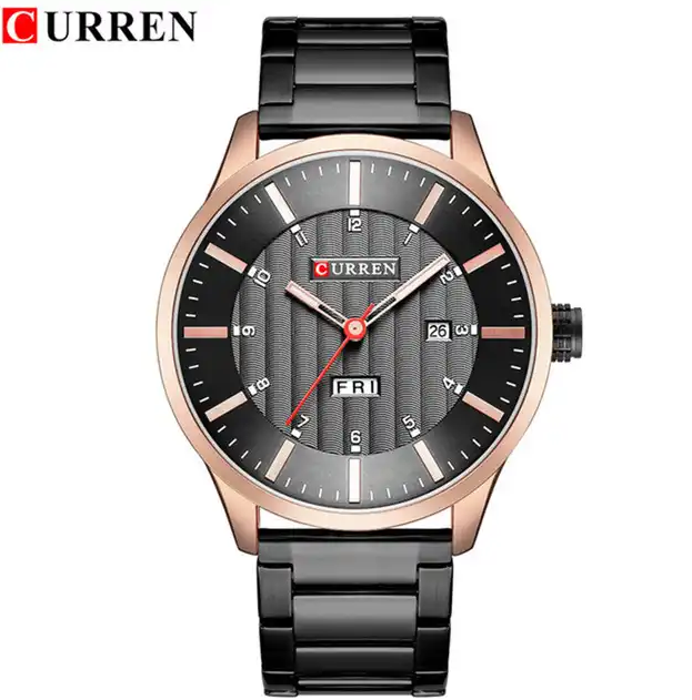 M:8316 Cureen Black Dial Black Stainless Steel Day&Date Analog Quartz Men's Watch. TIMECHECK