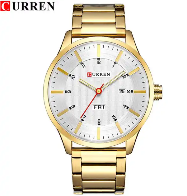 M:8316 Cureen White Dial Golden Stainless Steel Day&Date Analog Quartz Men's Watch. TIMECHECK