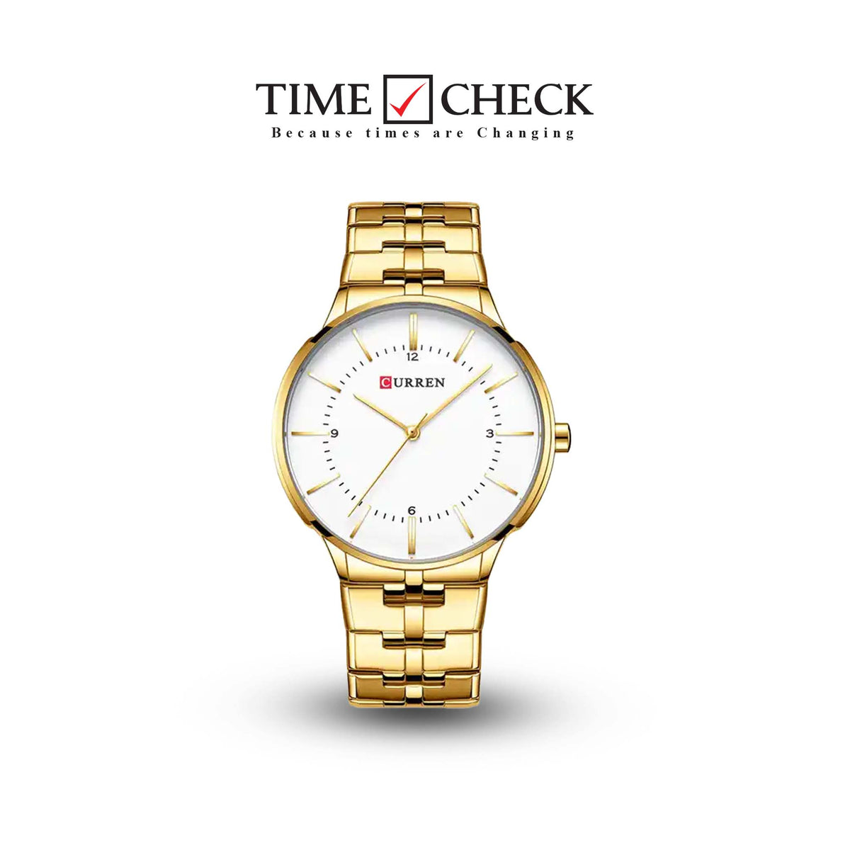 M:8321 Curren White Dial Golden Stainless Steel Strap Analog Quartz Men's Watch. TIMECHECK