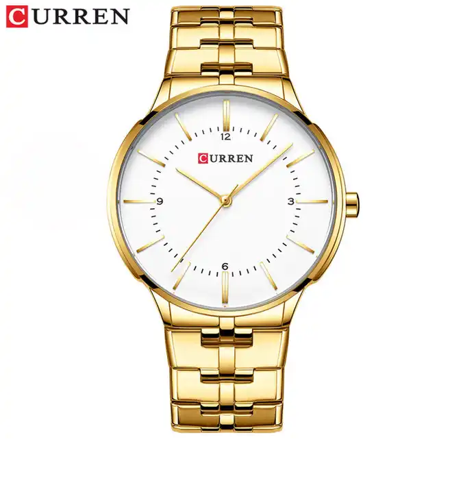 M:8321 Curren White Dial Golden Stainless Steel Strap Analog Quartz Men's Watch. TIMECHECK