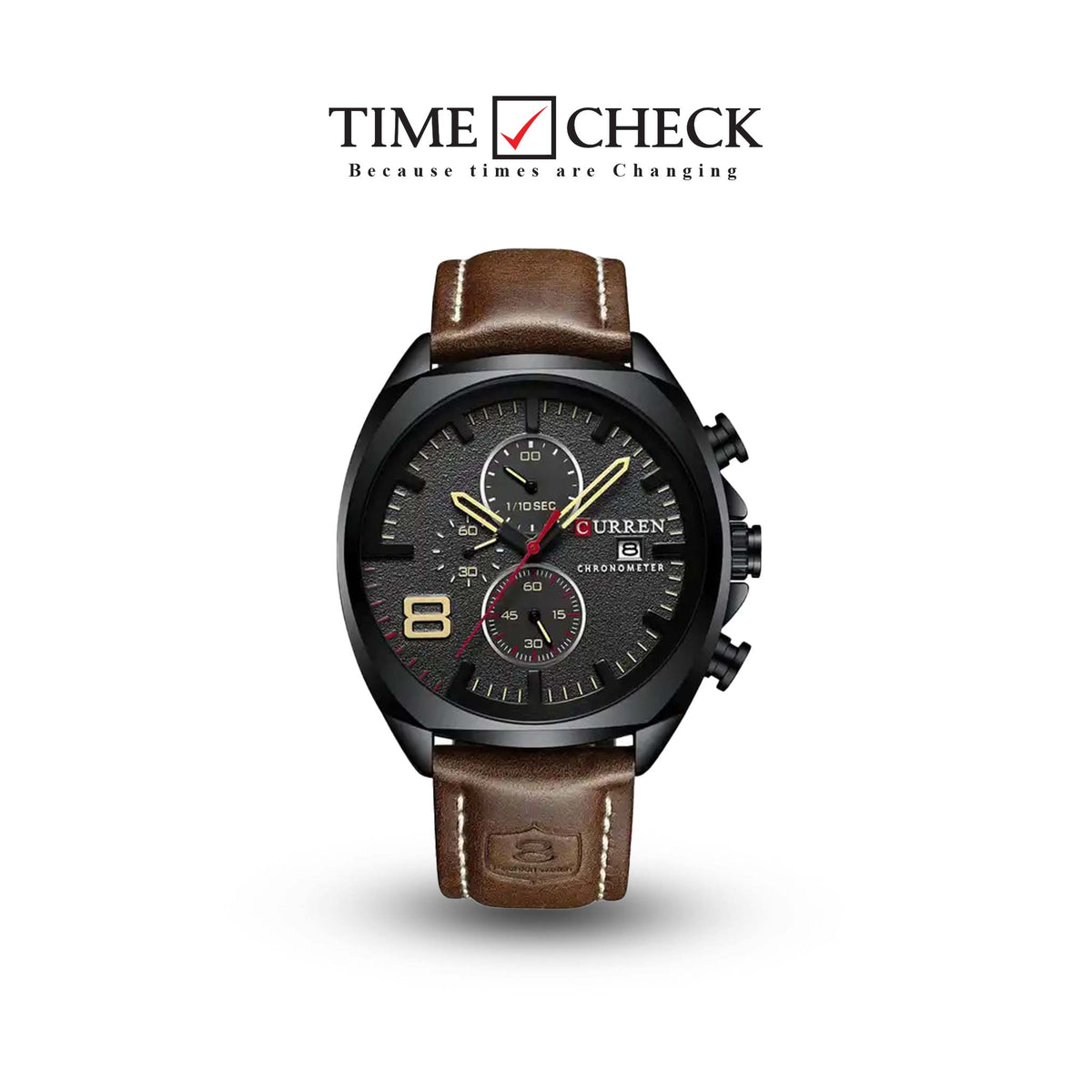 M:8324 Curren Black Dial Brown Leather Strap Chronograph Analog Quartz Men's Watch. TIMECHECK