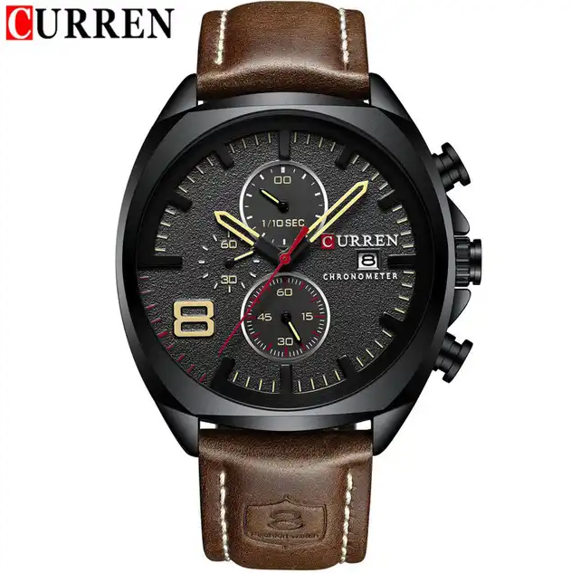 M:8324 Curren Black Dial Brown Leather Strap Chronograph Analog Quartz Men's Watch. TIMECHECK