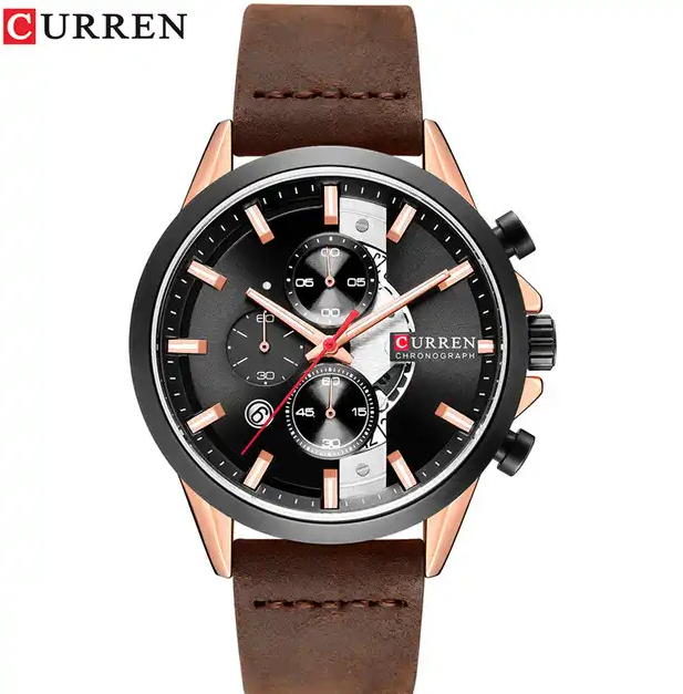 M:8325 Curren Black Dial Brown Leather Strap Chronograph Analog Quartz Men's Watch. TIMECHECK