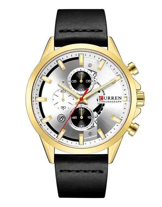 M:8325 Curren Silver Dial Black Leather Strap Chronograph Analog Quartz Men's Watch. TIMECHECK