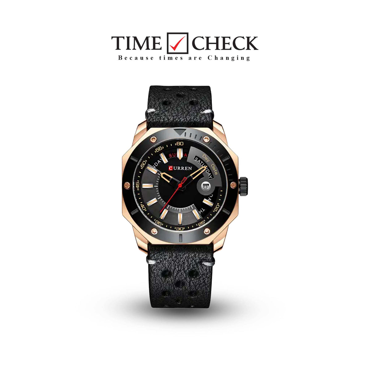 M:8344 Curren Black Dial Black Leather Strap Alloy Case Analog Quartz Men's Watch. TIMECHECK