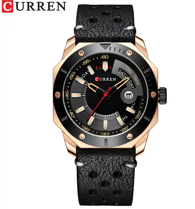 M:8344 Curren Black Dial Black Leather Strap Alloy Case Analog Quartz Men's Watch. TIMECHECK