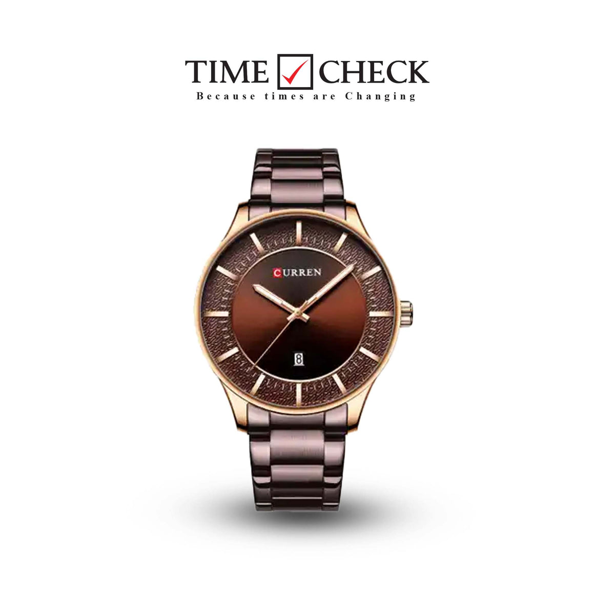 M:8347 Curren Brown Dial Brown Stainless Steel with Date Analog Quartz Men's Watch. TIMECHECK